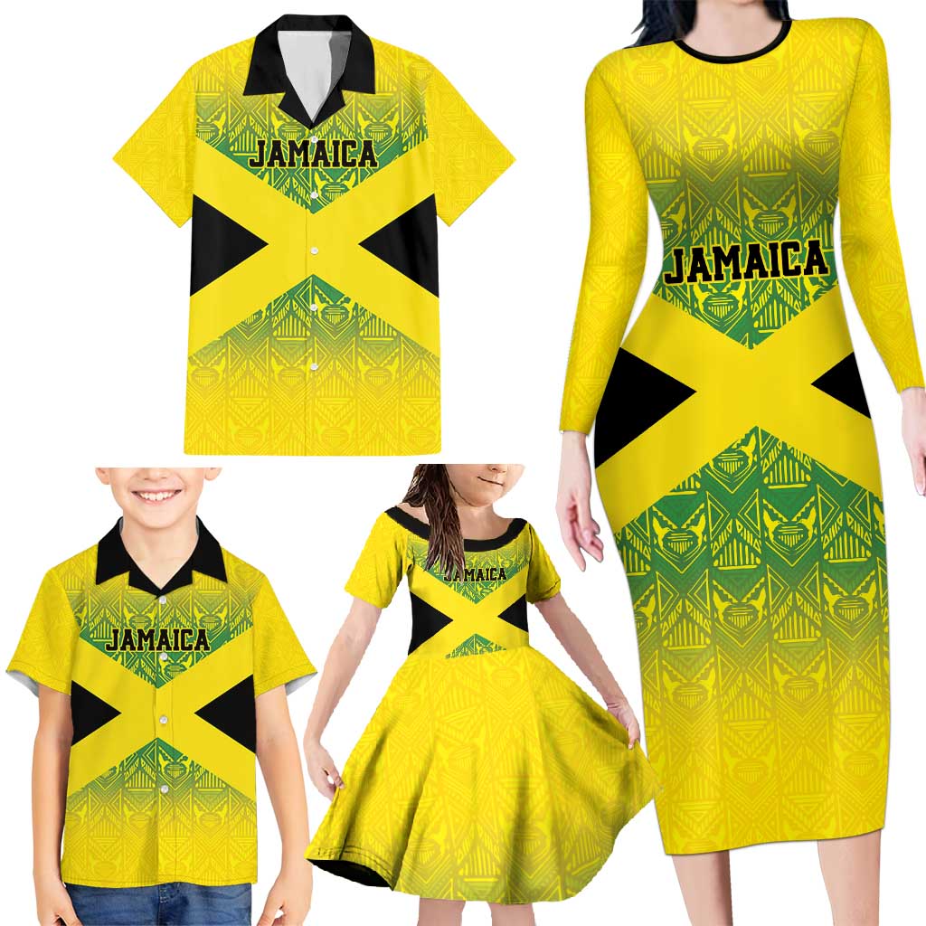 Custom Jamaica Reggae Boyz Family Matching Long Sleeve Bodycon Dress and Hawaiian Shirt With Traditional Pattern