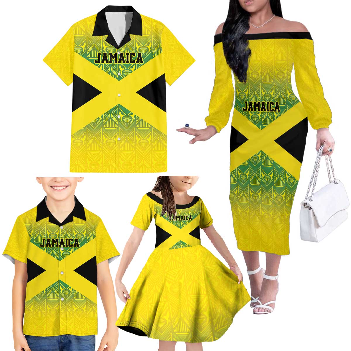 Custom Jamaica Reggae Boyz Family Matching Off The Shoulder Long Sleeve Dress and Hawaiian Shirt With Traditional Pattern