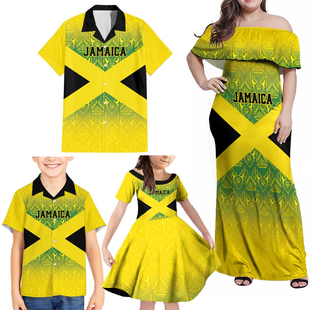 Custom Jamaica Reggae Boyz Family Matching Off Shoulder Maxi Dress and Hawaiian Shirt With Traditional Pattern