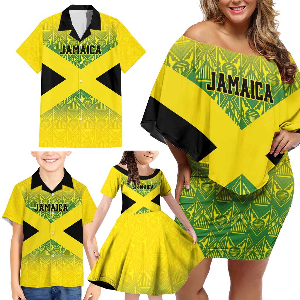 Custom Jamaica Reggae Boyz Family Matching Off Shoulder Short Dress and Hawaiian Shirt With Traditional Pattern