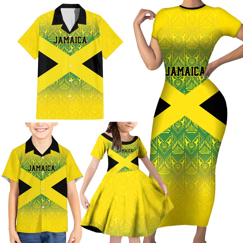 Custom Jamaica Reggae Boyz Family Matching Short Sleeve Bodycon Dress and Hawaiian Shirt With Traditional Pattern