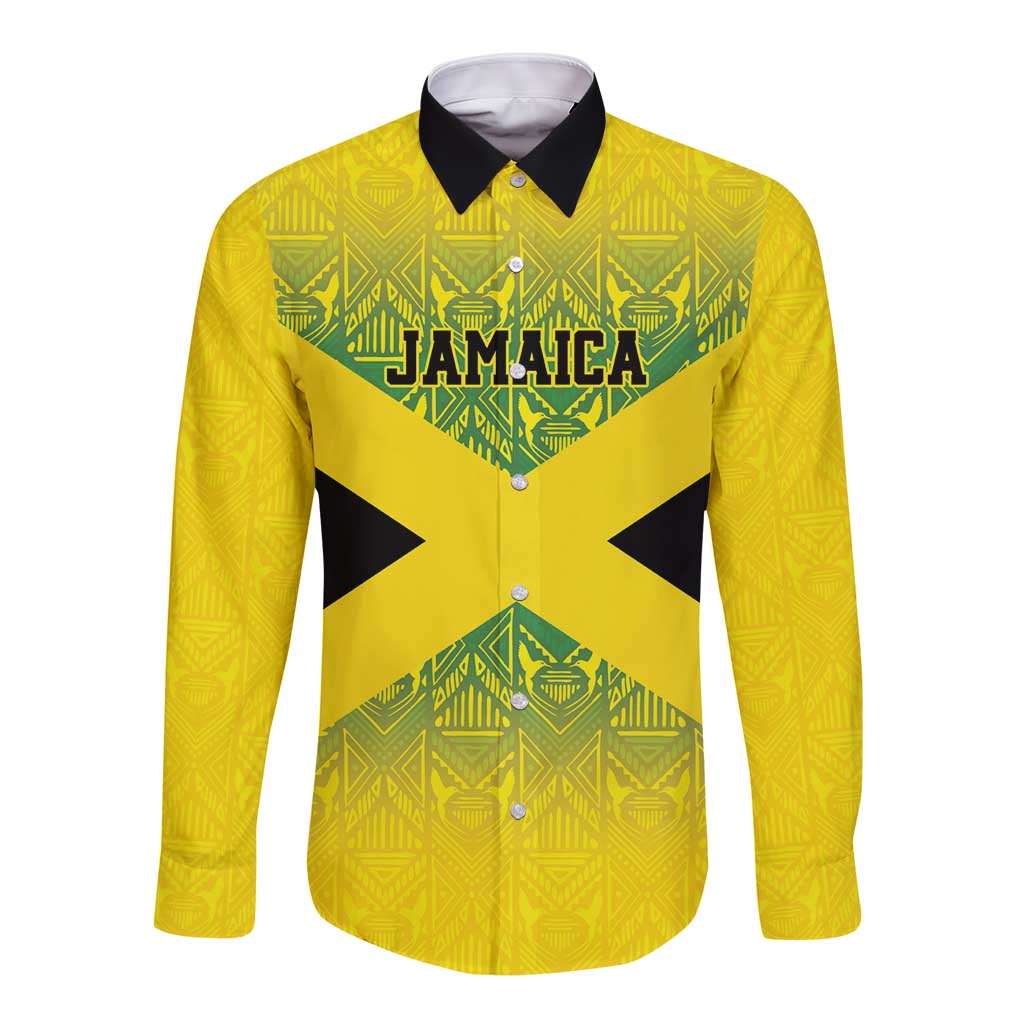 Gold long-sleeve button shirt, black collar, green Jamaica-style tribal pattern