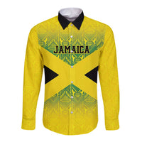 Gold long-sleeve button shirt, black collar, green Jamaica-style tribal pattern