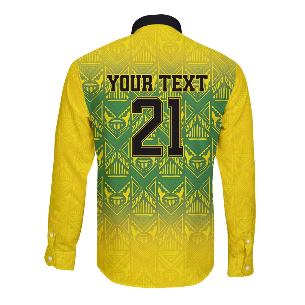 Gold long-sleeve back with green tribal print, YOUR TEXT and large 21