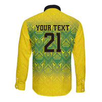 Gold long-sleeve back with green tribal print, YOUR TEXT and large 21