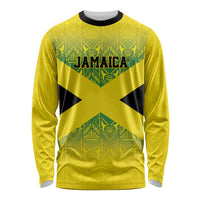 Gold long-sleeve shirt with green geometric panel and Jamaica emblem