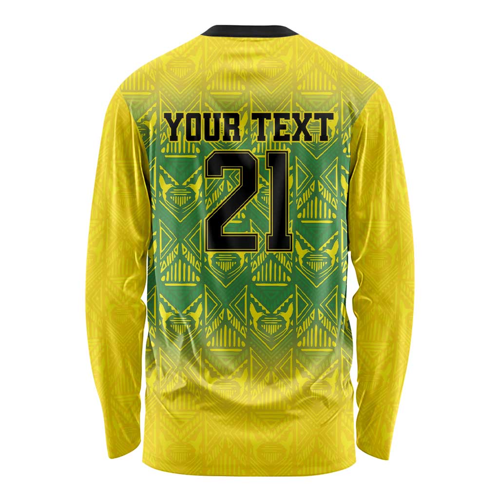 Gold long-sleeve shirt back with green geometric pattern and custom number graphic
