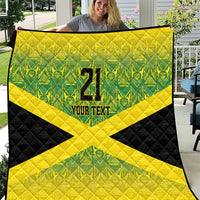 Green yellow and black quilt with large X pattern and "21" with "YOUR TEXT" center.