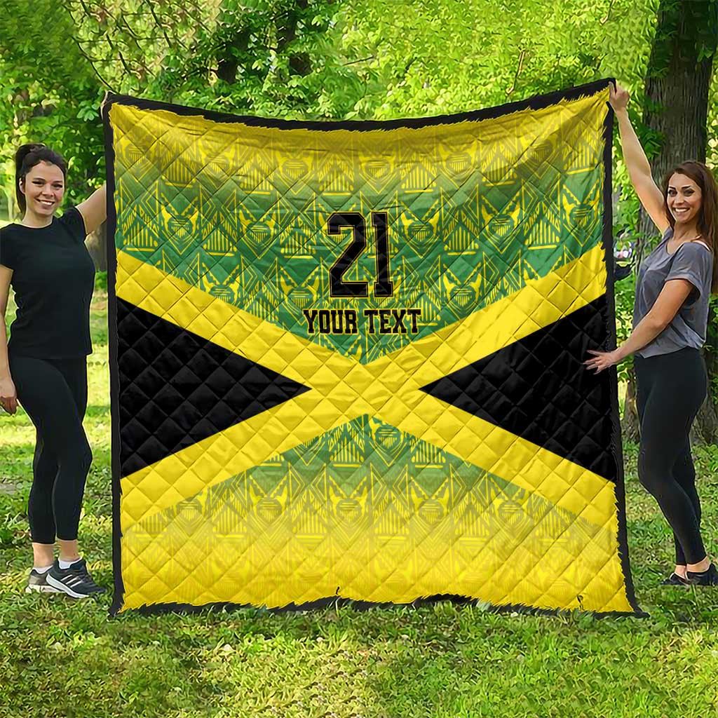 Jamaica-style quilt featuring green, yellow, and black with X design, "21" and "YOUR TEXT".