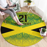 Round area rug, green and yellow patterned circle with black star, “21” and “YOUR TEXT”