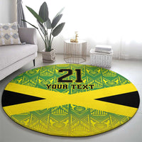 Round carpet with green and yellow geometric print, black star, “21” and “YOUR TEXT” centered