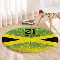 Round area rug with green and yellow geometric design, black star, “21” and “YOUR TEXT”
