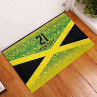 Green rubber doormat with bold yellow cross stripe, black sections, 21 and your text