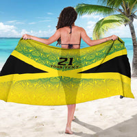 Geometric lime green sarong laid flat, bold black and yellow stripes, '21' and 'Your Text'