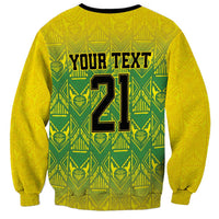 Gold sweatshirt with black trim, back graphic 'YOUR TEXT' and large '21' pattern