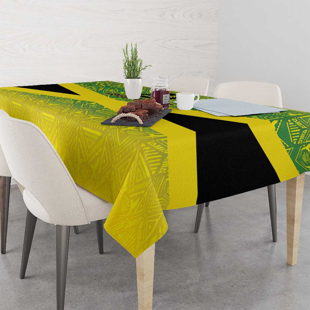 Custom gold tablecloth with green geometric reggae pattern and black cross stripe