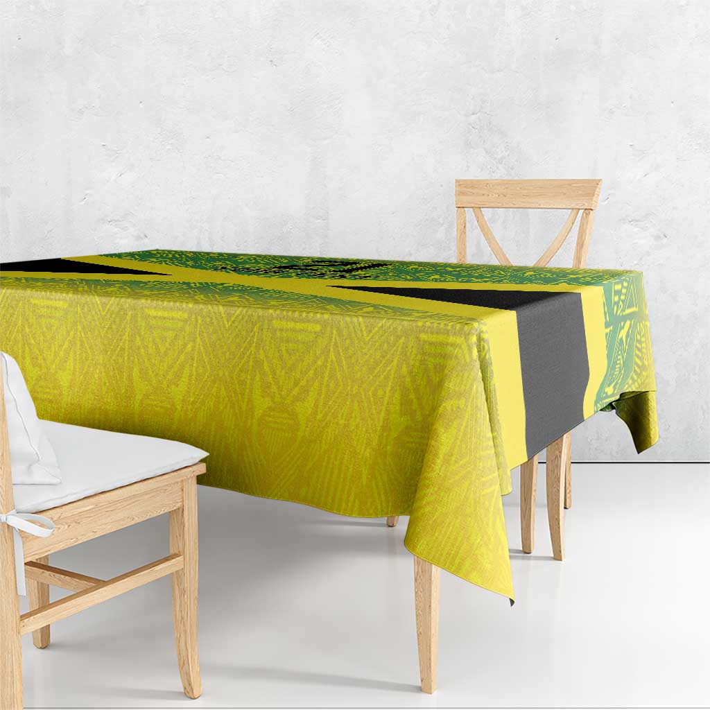 Custom gold tablecloth with green geometric reggae pattern and black side panel