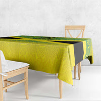 Custom gold tablecloth with green geometric reggae pattern and black side panel