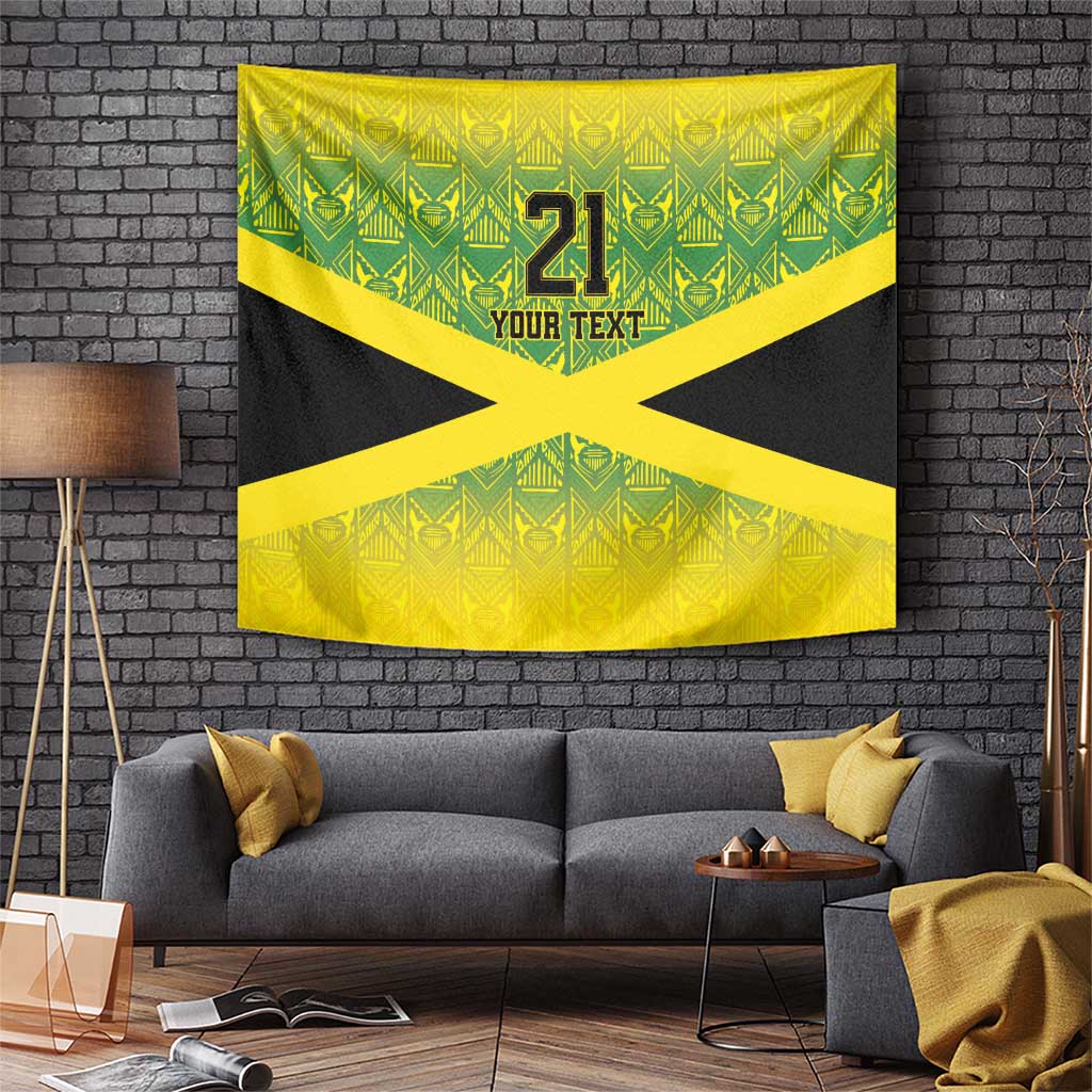 Wall tapestry on brick wall: green and yellow pattern with black Jamaican flag X and 21 YOUR TEXT