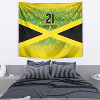 Rectangular wall tapestry with Jamaican flag X in green, yellow, and black, shows 21 YOUR TEXT