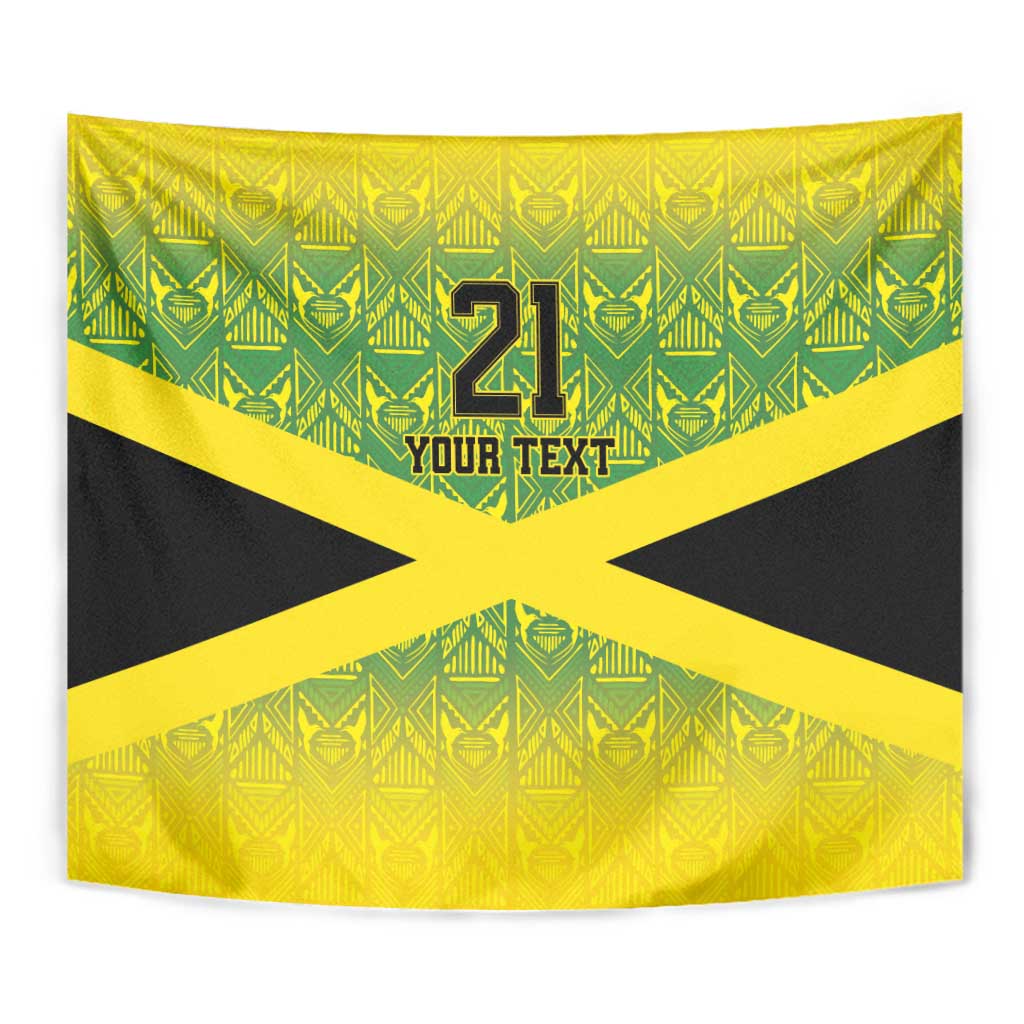 Square-style wall tapestry with green and yellow patterned background, black X, and 21 YOUR TEXT