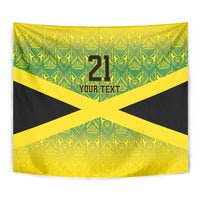Square-style wall tapestry with green and yellow patterned background, black X, and 21 YOUR TEXT