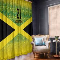 Pair of window curtains with green, yellow, and black reggae boyz pattern and text panel