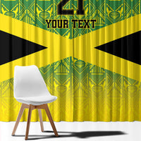Close-up window curtain showing large “4” and “YOUR TEXT” over green and yellow pattern