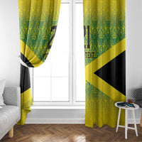 Window curtains with one panel drawn open, featuring green/yellow pattern and black diagonal stripe