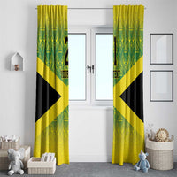 Hanging window curtains with green and yellow geometric pattern, black diagonal stripe, and text