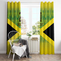 Window curtain pair with green and yellow reggae boyz pattern, black diagonal stripe, and text
