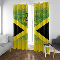 Window curtains with green and yellow reggae pattern, black diagonal stripes, and hanging rings