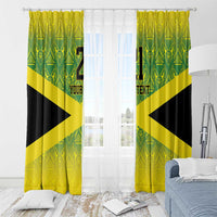 Two-panel window curtain set with green and yellow repeating reggae boyz pattern and black stripe