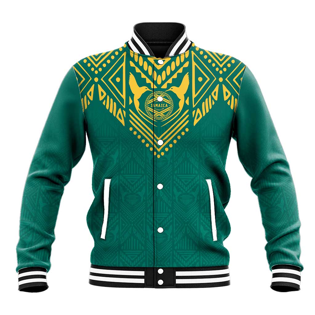 Green varsity baseball jacket with yellow tribal pattern, snap front, striped ribbed collar