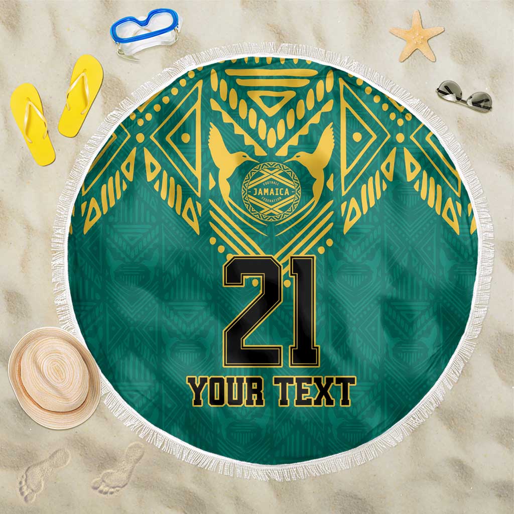 Green round beach blanket with 21 and 'YOUR TEXT' centered, tribal pattern, fringe