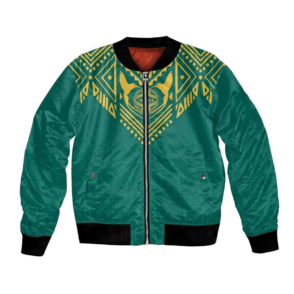Green football bomber jacket with tribal yellow graphics, front zip, ribbed cuffs and hem