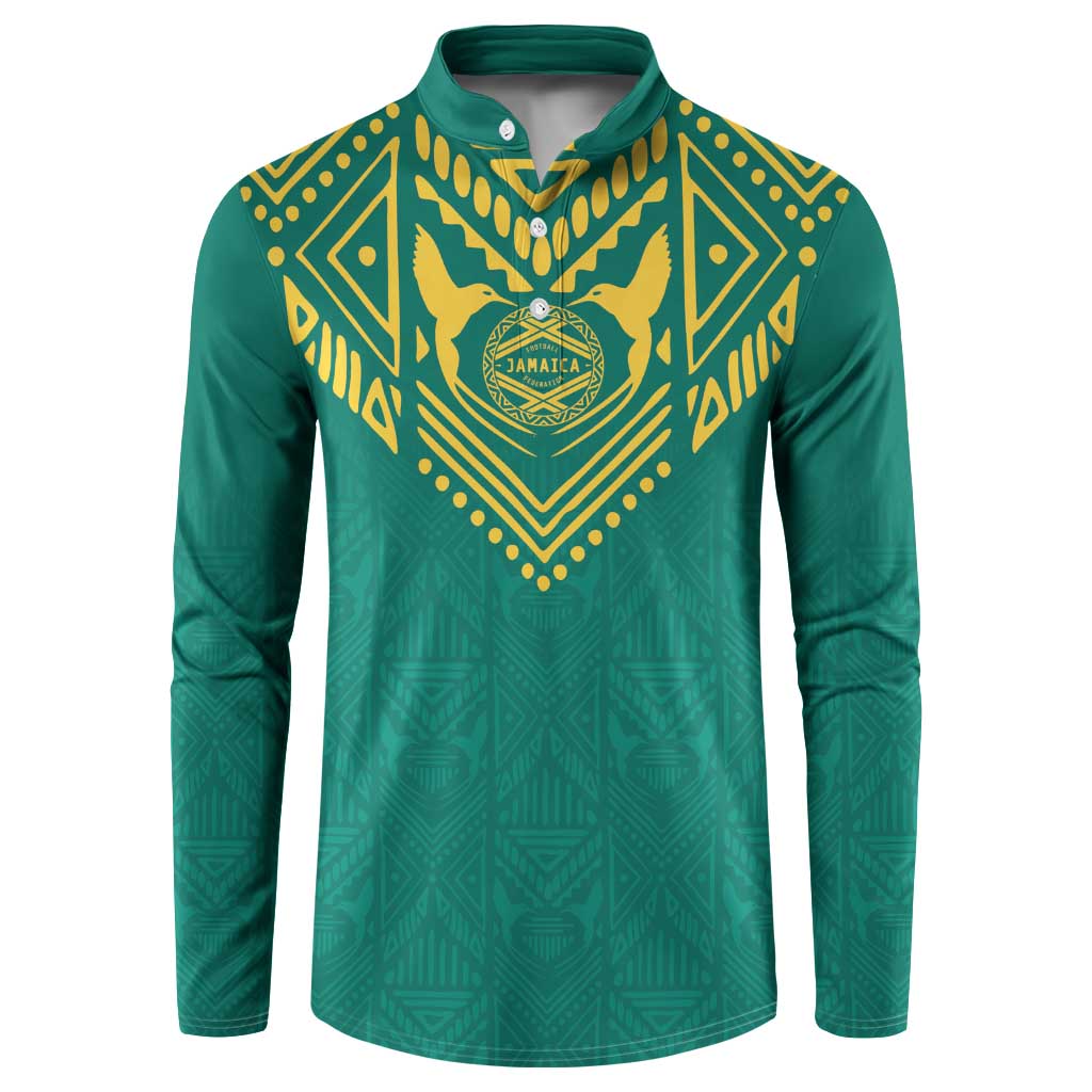 Green tribal football sweatshirt with yellow bird emblem, button collar