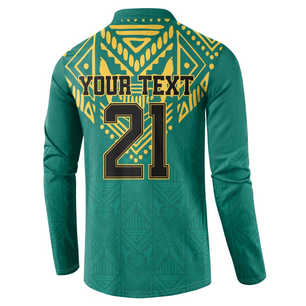 Green football sweatshirt with 'YOUR TEXT' and large yellow number 21, button placket