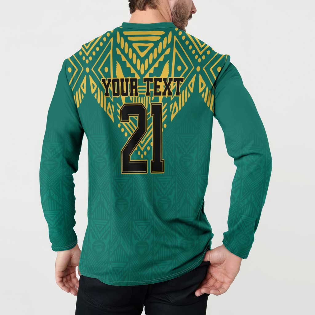 Back of green football sweatshirt with 'YOUR TEXT' and yellow number 21, tribal pattern