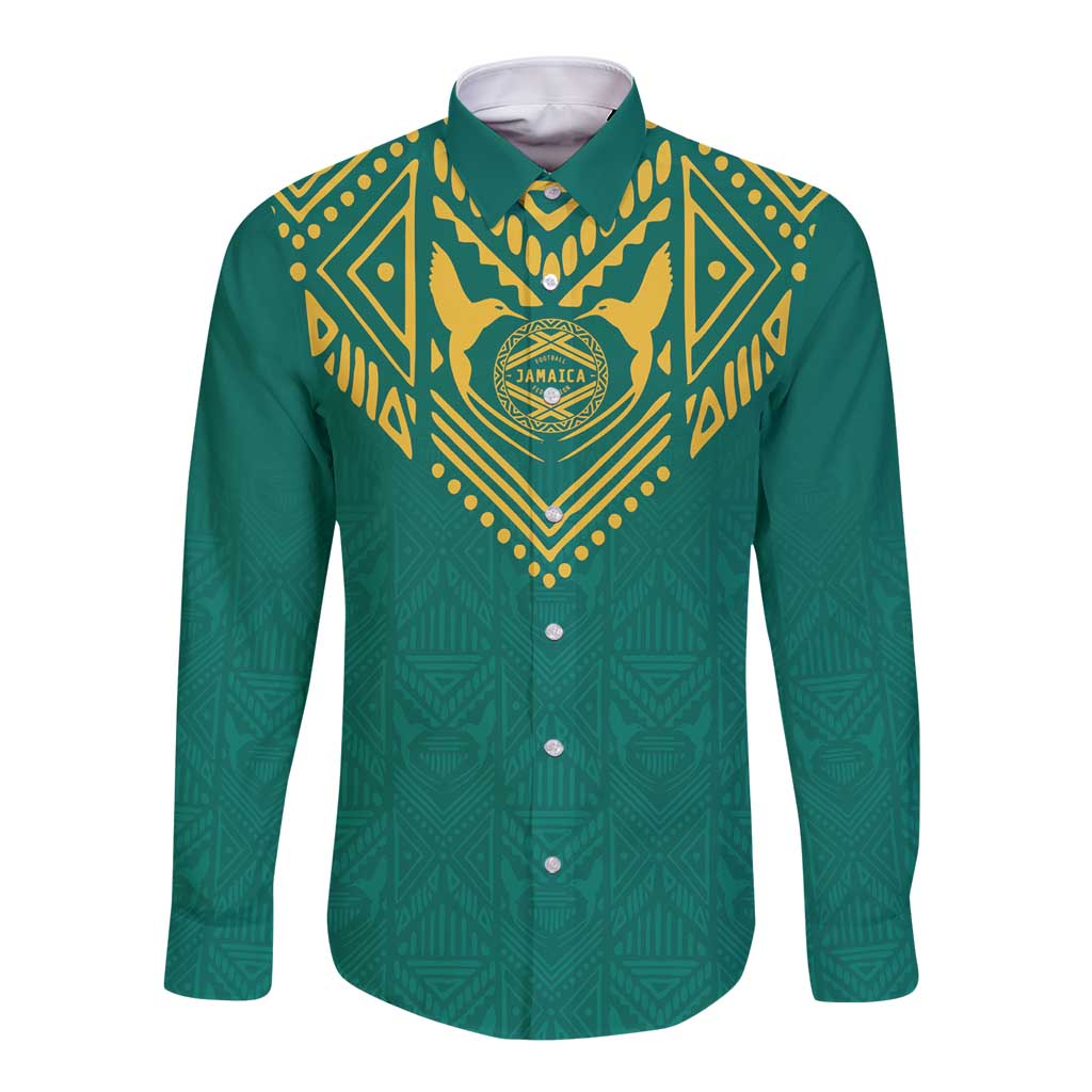 Green long-sleeve button-up football shirt with gold tribal yoke and Jamaica crest