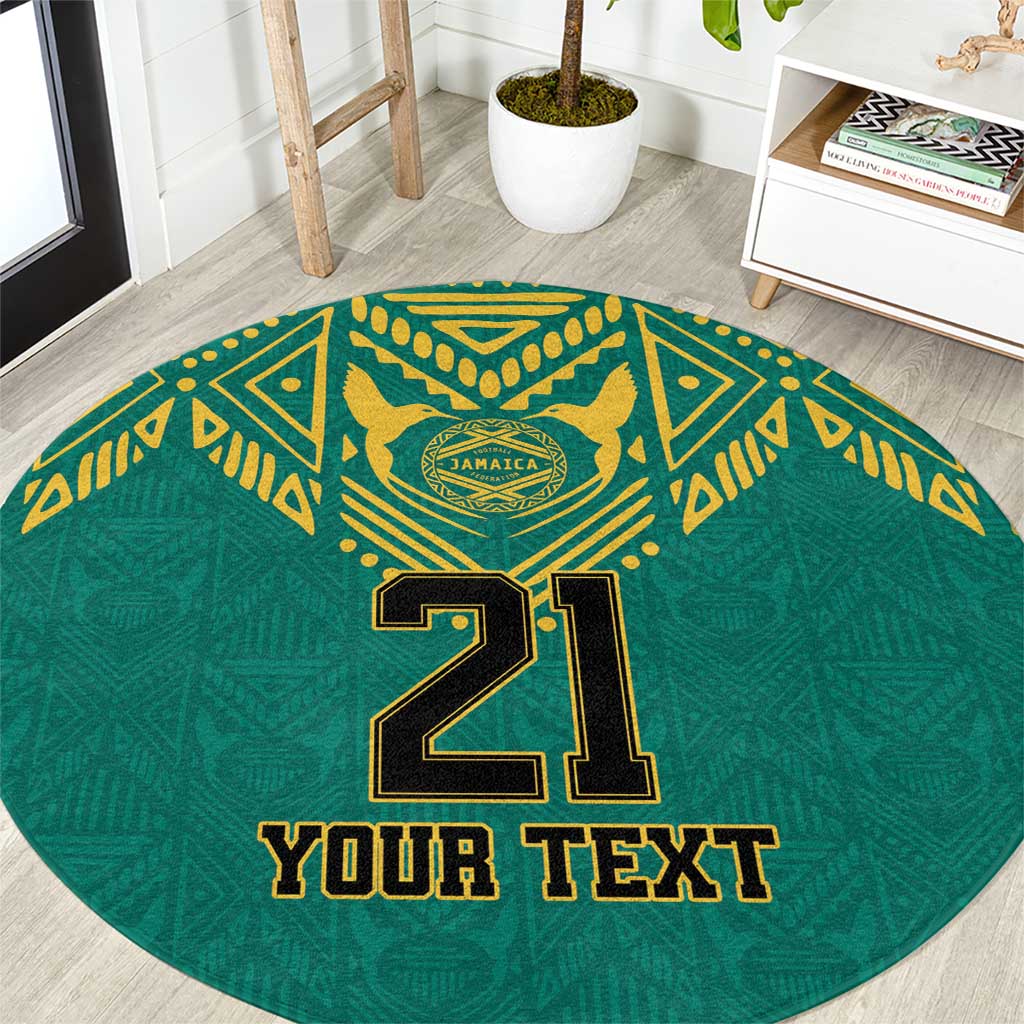 Green round football carpet with yellow tribal emblem and large "21" with "YOUR TEXT"
