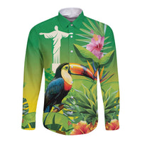 Green long-sleeve button shirt with toucan and tropical flower print