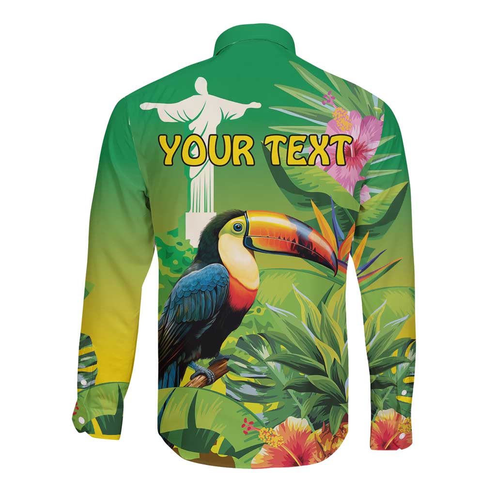 Green long-sleeve button shirt with back "YOUR TEXT" and toucan tropical print