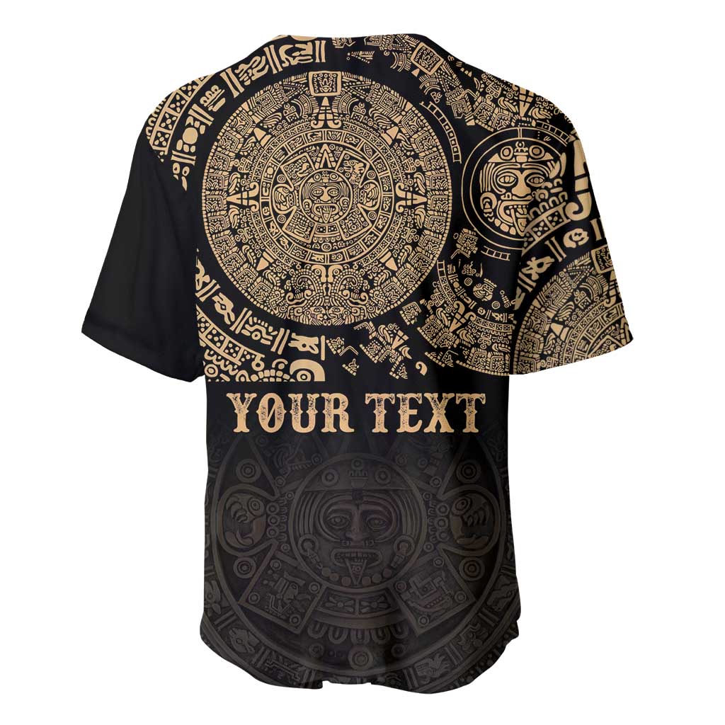 Black baseball jersey with large gold Aztec back print and custom word banner