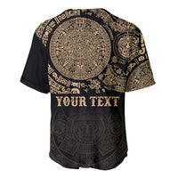Black baseball jersey with large gold Aztec back print and custom word banner