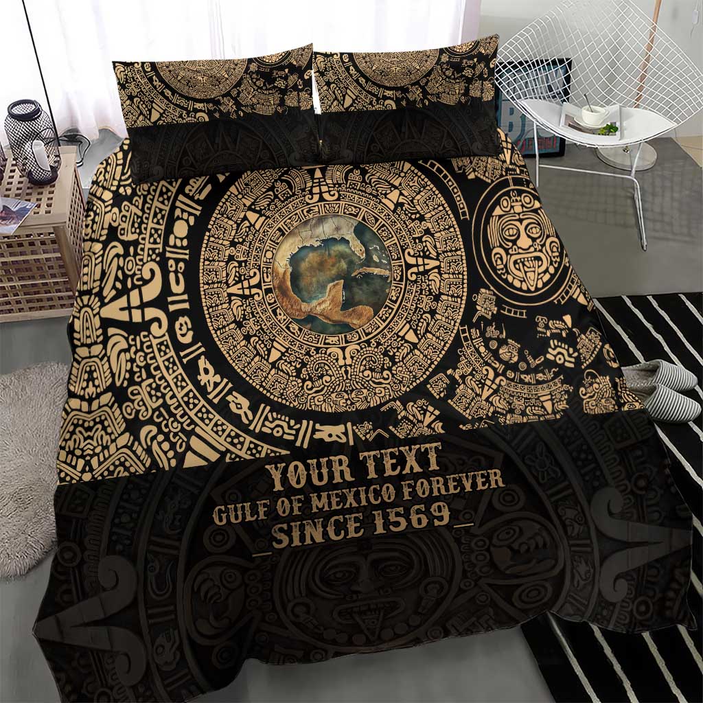 Aztec-style black bedding set with gold border pattern, duvet, and two pillowcases