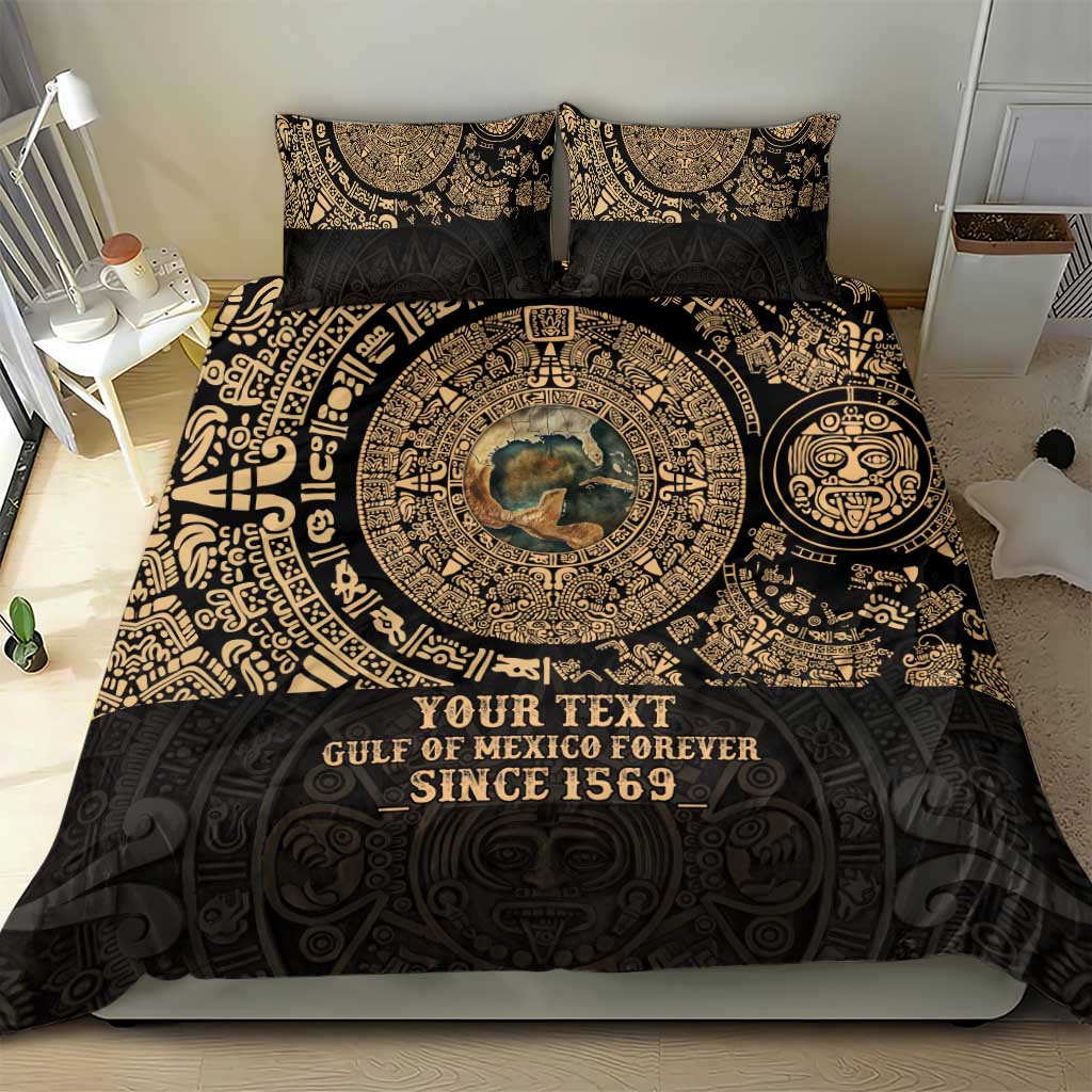 Black and gold personalized bedding set featuring central medallion print and two pillowcases