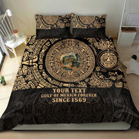 Black and gold personalized bedding set featuring central medallion print and two pillowcases