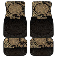 Set of black car mats featuring gold Aztec-style circular medallions with custom text