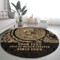 Personalized round black carpet with gold circular pattern, central earth motif, 'SINCE 1569'